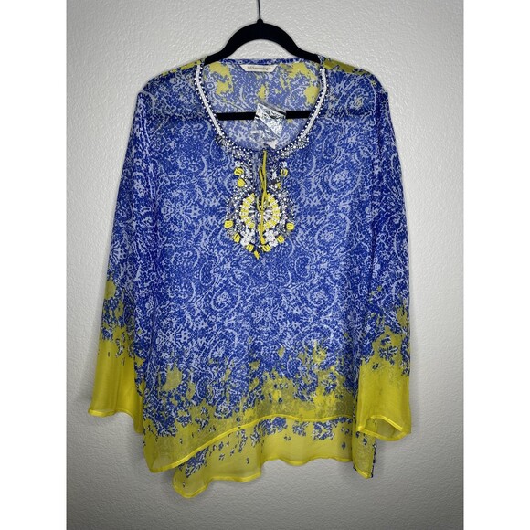 Soft Surroundings Blouse Womens Large Boho Beaded Sheer Top Embellished Tunic - Picture 1 of 7